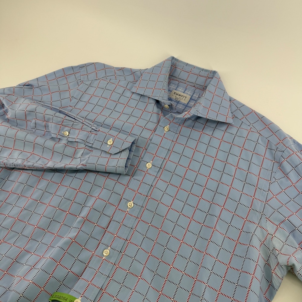 Emmett London Mens Blue Red Grid Check Button Down Dress Shirt 15.5 39cm